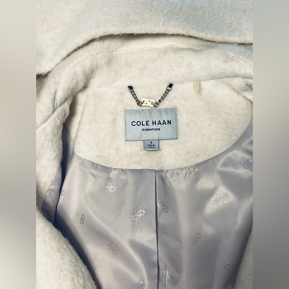 Cole Haan Cream Hooded Belted Wool Blend Coat - Picture 6 of 7